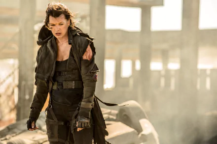 Alice, portrayed by Milla Jovovich, stands in a desolate setting from *Resident Evil: The Final Chapter*. This HD wallpaper captures her fierce determination and the movie's intense atmosphere.