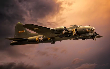 A Boeing B-17 Flying Fortress bomber soars through a dramatic sky, showcasing its military prowess as a historic warplane in this HD desktop wallpaper.