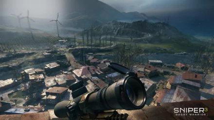 HD PC desktop wallpaper featuring a sniper scope view over a rural village with wind turbines from the video game Sniper: Ghost Warrior 3.