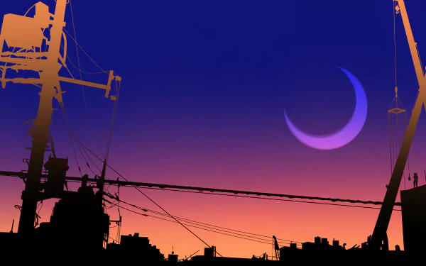 A striking HD wallpaper featuring a beautiful twilight sky with a crescent moon, inspired by Nekomonogatari: Kuro and the character Black Hanekawa from the Monogatari series.