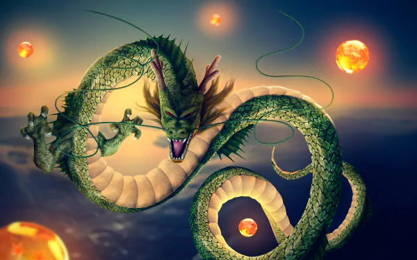 HD desktop wallpaper featuring Shenron from Dragon Ball Z against a mystical background, accompanied by Dragon Balls.