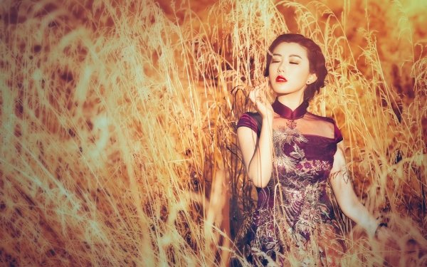 Women Asian Model Lipstick Brunette Plant Traditional Costume HD Wallpaper | Background Image
