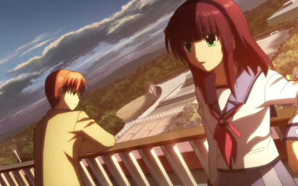 Anime HD desktop wallpaper featuring Yuzuru Otonashi and Yuri Nakamura from Angel Beats! against a vibrant sunset sky.