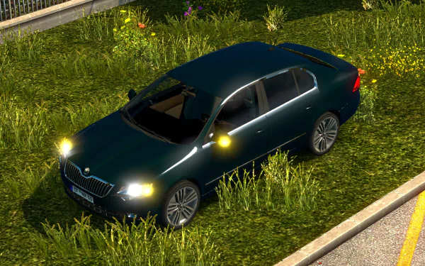 A dark green car parked on grassy terrain, showcasing high detail from Euro Truck Simulator 2, serves as an HD PC desktop wallpaper and background.