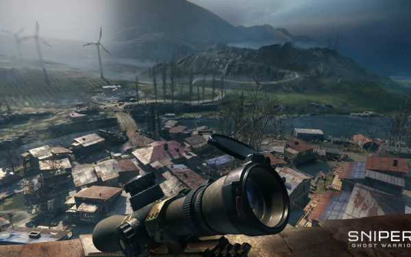 HD PC desktop wallpaper featuring a sniper scope view over a rural village with wind turbines from the video game Sniper: Ghost Warrior 3.