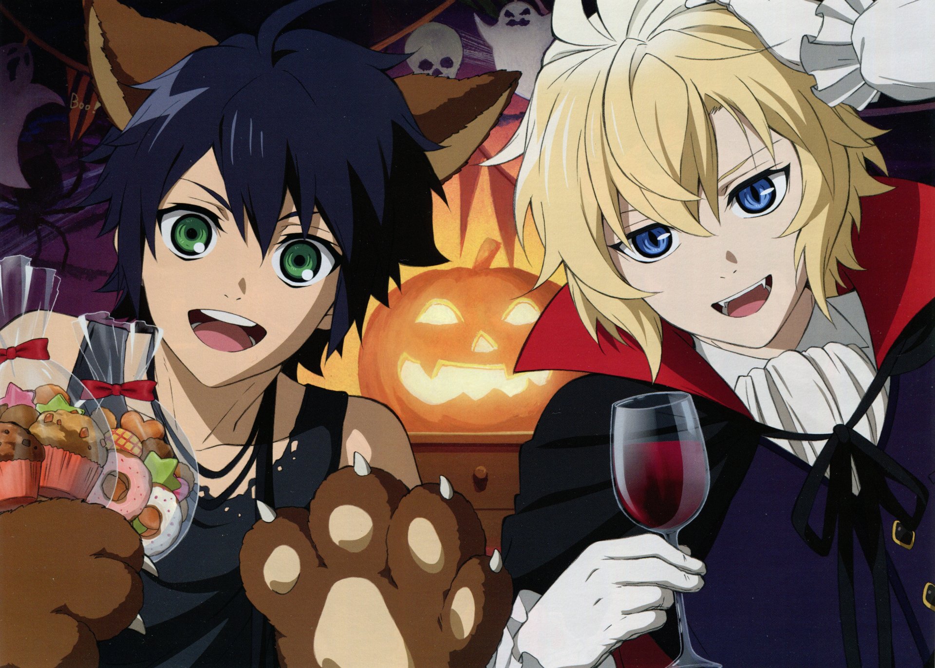 Yūichirō and Mikaela Hyakuya celebrate Halloween with playful vampire-themed costumes, animal ears, and treats, set against a festive pumpkin backdrop in this vibrant Seraph of the End wallpaper.