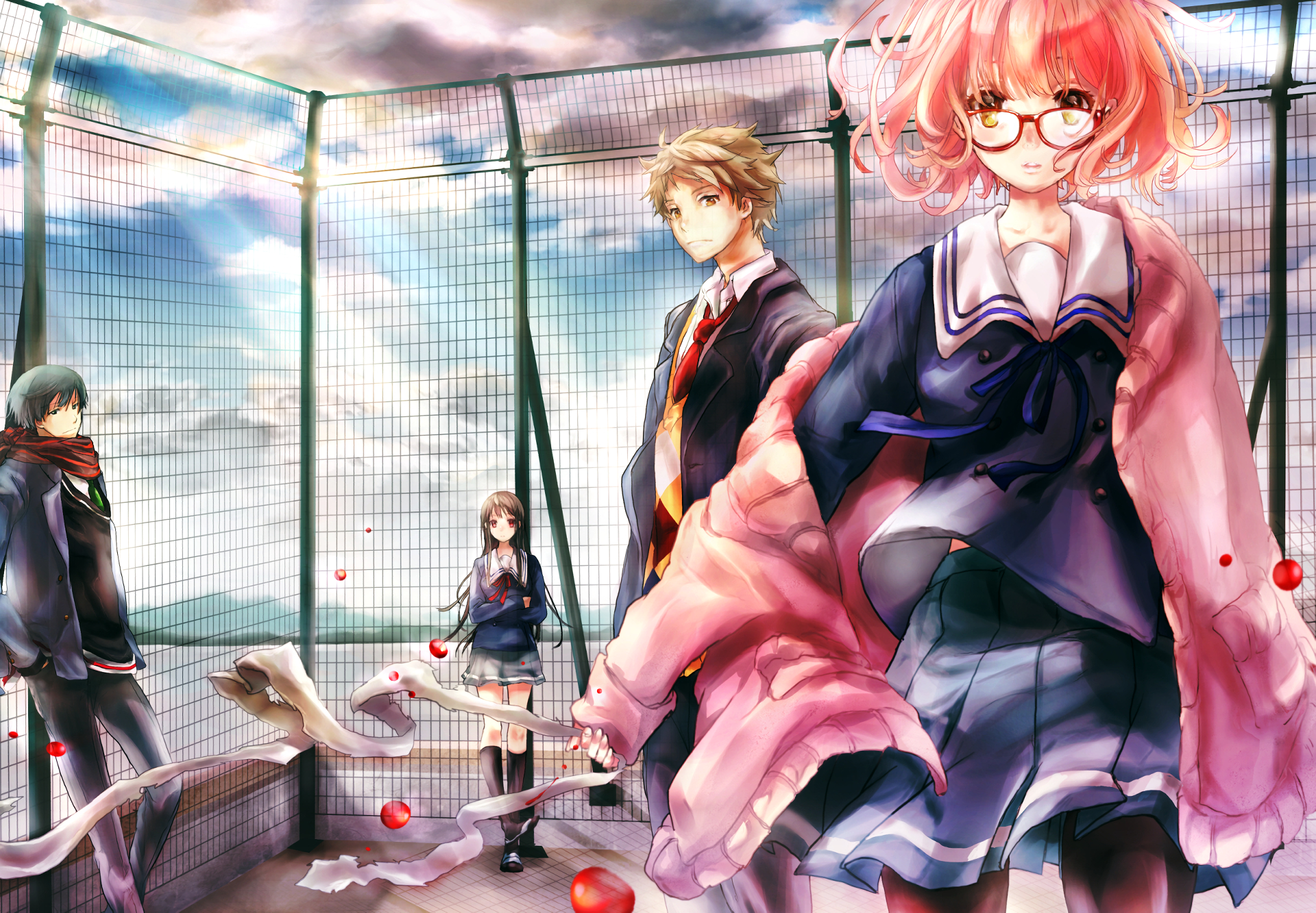 Anime characters Hiroomi Nase, Mitsuki Nase, Mirai Kuriyama, and Akihito Kanbara from Beyond the Boundary pose in a stunning HD desktop wallpaper set against a dramatic sky.
