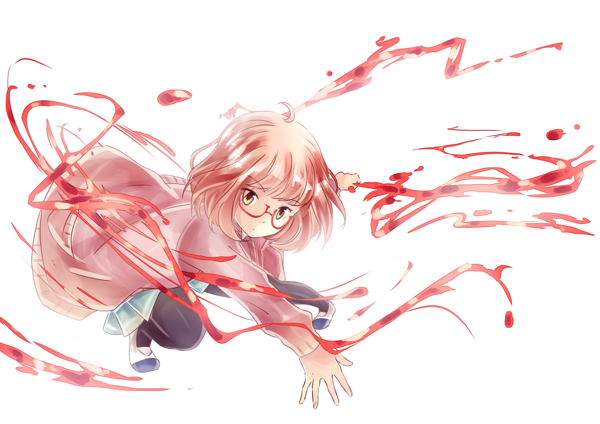 Anime character Mirai Kuriyama from Kyoukai no Kanata showcases her unique blood manipulation powers in this dynamic 4K Ultra HD desktop wallpaper.