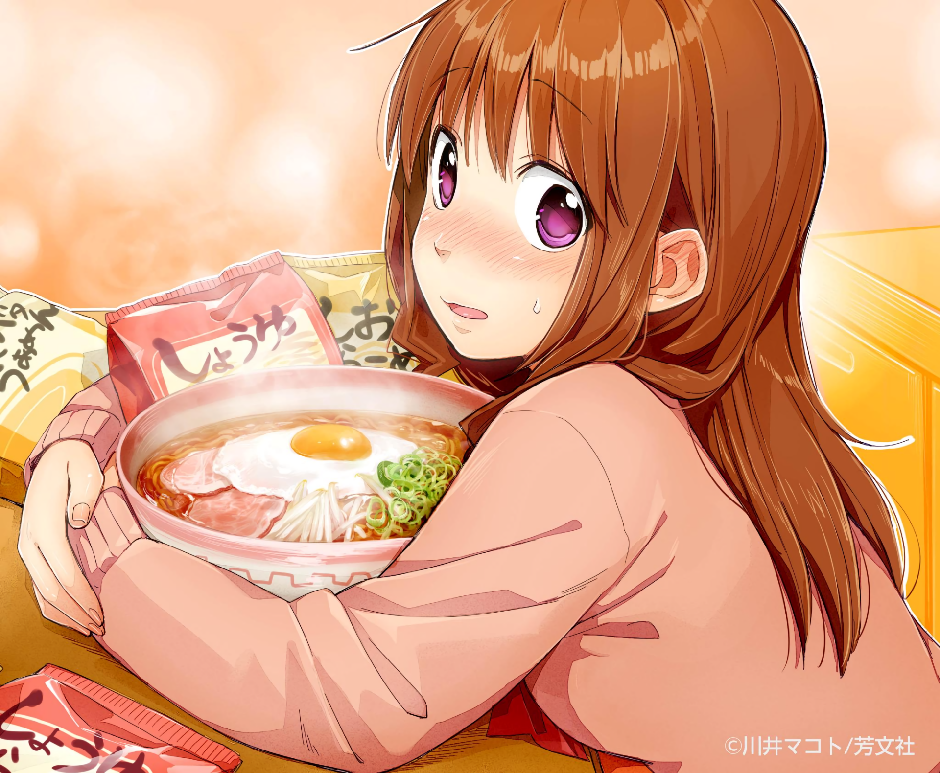 Anime HD PC desktop wallpaper — Gourmet Girl Graffiti: brown-haired girl clutching a steaming bowl of ramen with egg and scallions, flushed cheeks against a warm glowing background.