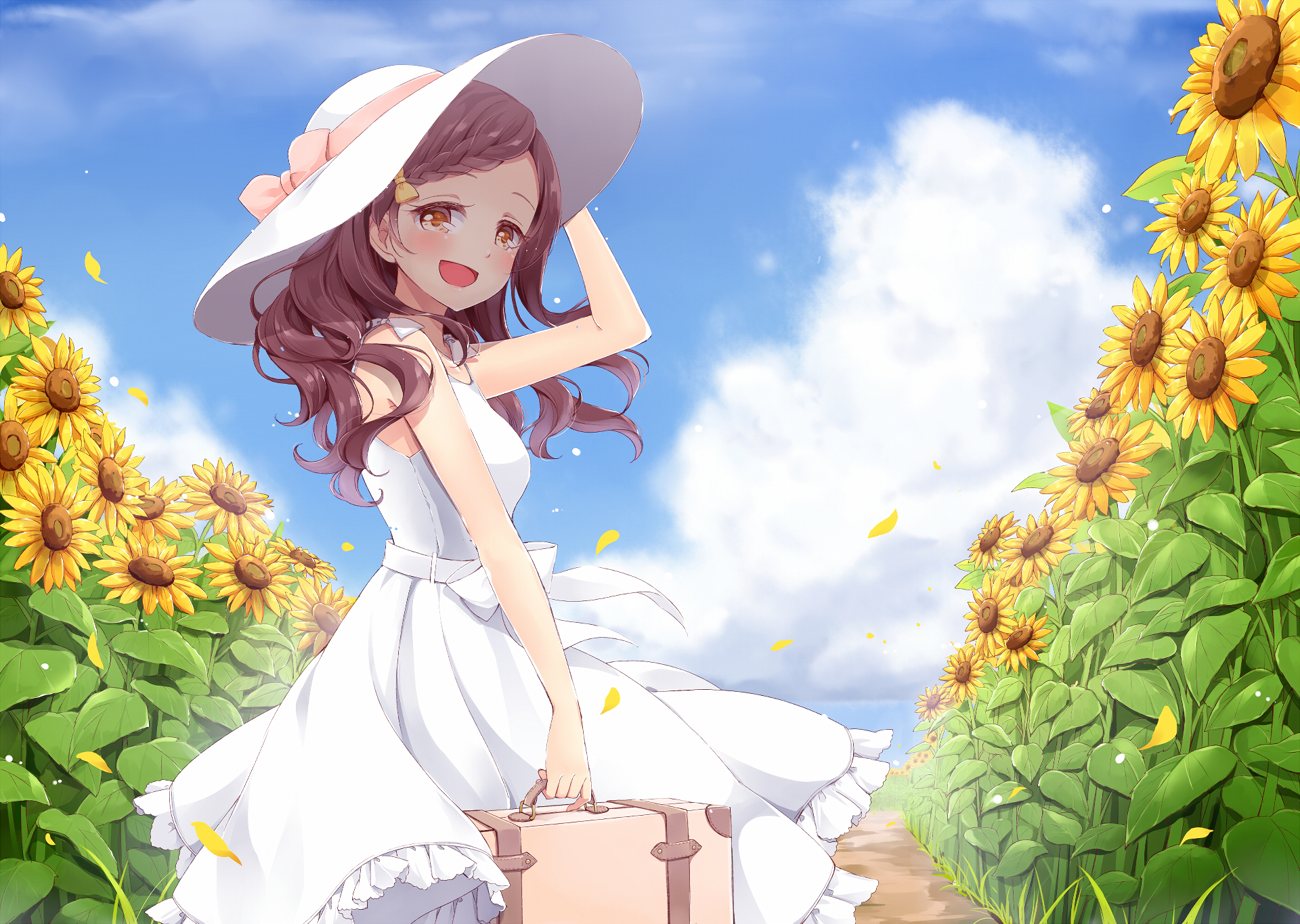 A cheerful girl in a white dress and large hat smiles as she walks through a sunflower field, captured in a vibrant anime style. HD desktop wallpaper and background.