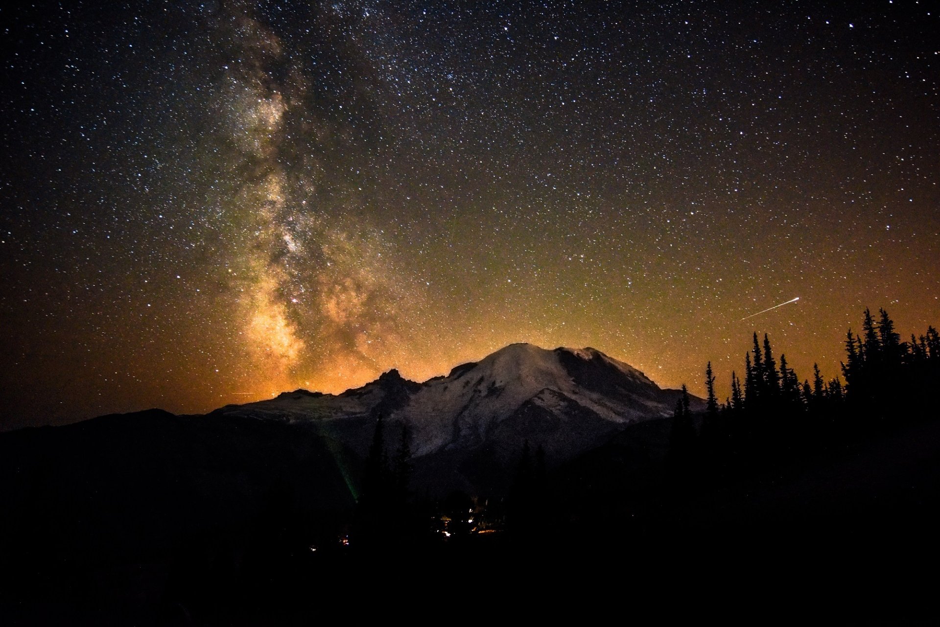 HD PC desktop wallpaper and background showing a night nature scene: the Milky Way over a silhouetted mountain and trees, with a bright meteor streaking across the star-filled sky.