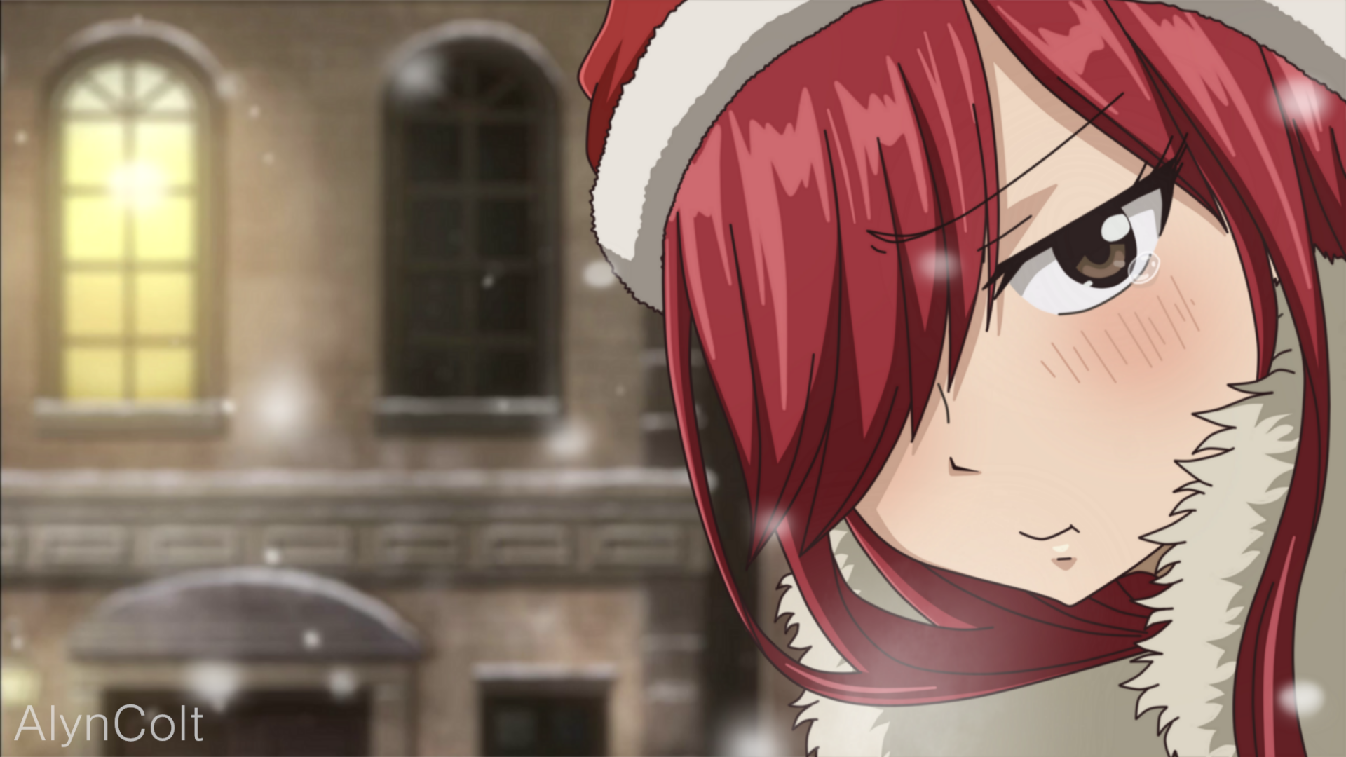 Erza Scarlet from the anime Fairy Tail, depicted in a vibrant HD wallpaper, showcases her iconic red hair and confident expression against a snowy backdrop.