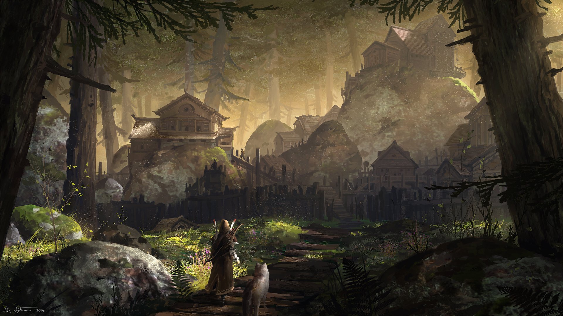 A fantasy warrior with a wolf companion stands in a dense forest overlooking a misty village and city, captured in a detailed HD PC desktop wallpaper.