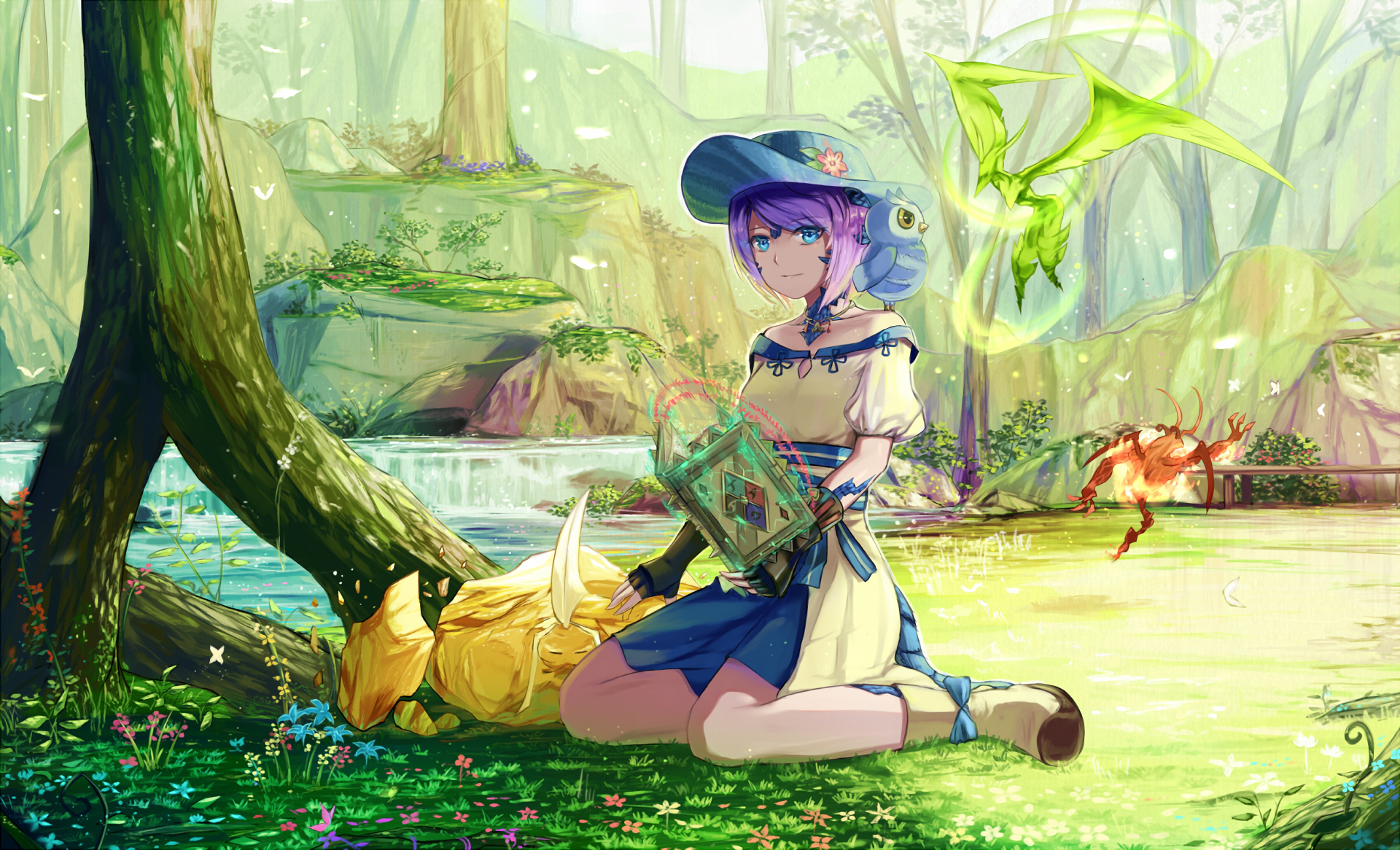 HD PC desktop wallpaper featuring a character from Final Fantasy XIV sitting in a lush, sunlit forest with magical creatures around in a vibrant video game scene.