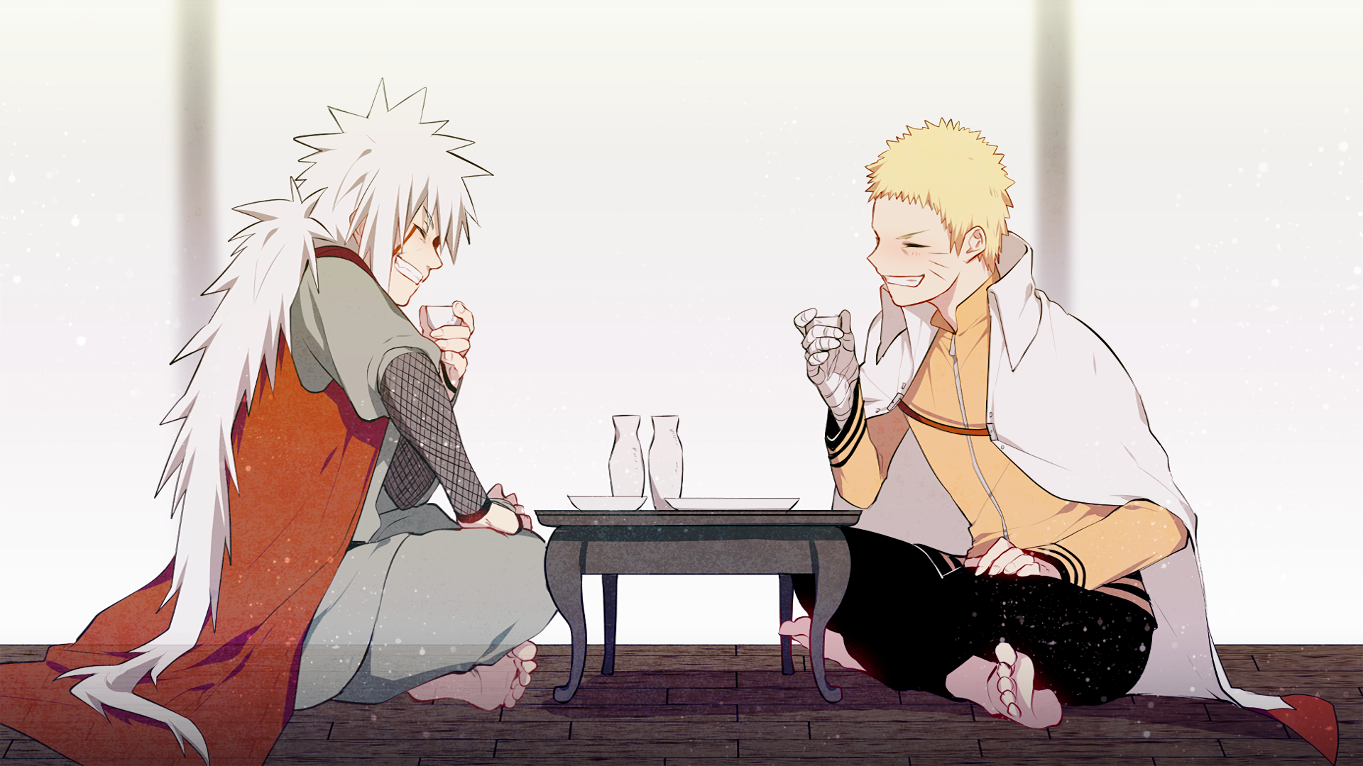 Jiraiya and Naruto Uzumaki share a moment over tea, featured in a vibrant HD anime wallpaper from Naruto. Enjoy their camaraderie and bold character designs.