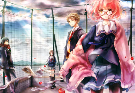 Anime characters Hiroomi Nase, Mitsuki Nase, Mirai Kuriyama, and Akihito Kanbara from Beyond the Boundary pose in a stunning HD desktop wallpaper set against a dramatic sky.