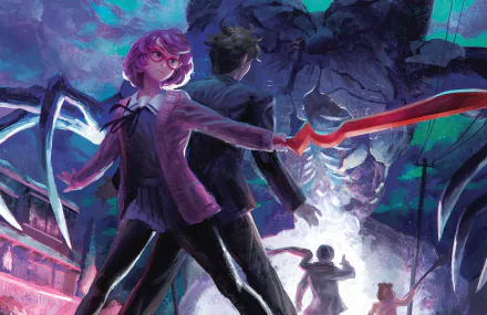 HD wallpaper featuring Akihito Kanbara and Mirai Kuriyama from the anime Beyond the Boundary, showcasing a dramatic scene with vibrant colors and an intense atmosphere.