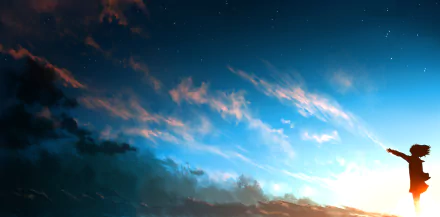 A stunning HD wallpaper featuring Mirai Kuriyama from the anime Beyond the Boundary, showcasing a vibrant sky filled with colorful clouds and stars.