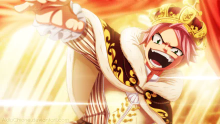 A dynamic HD wallpaper featuring Natsu Dragneel from the anime Fairy Tail, depicted with a crown and royal attire, expressing determination and strength in a vibrant scene.