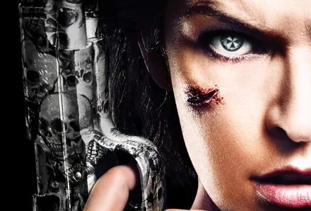 A striking HD wallpaper featuring Milla Jovovich from Resident Evil: The Final Chapter, showcasing her intense gaze and a gun adorned with skull designs, embodying the film's action-packed essence.