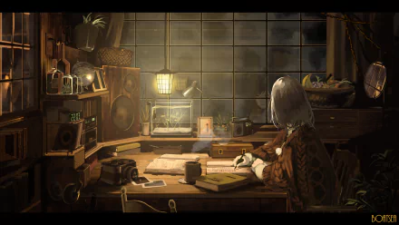 HD desktop wallpaper featuring an anime character with white hair in a cozy, warm-toned room filled with books, plants, and vintage decor, embodying a lofi aesthetic.