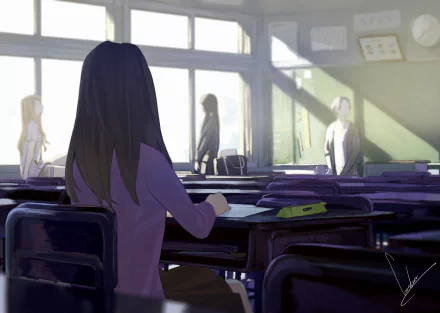 A serene anime scene depicting a girl sitting at a desk, gazing towards shadows of classmates in a sunlit classroom. This HD wallpaper adds a tranquil vibe to any background.