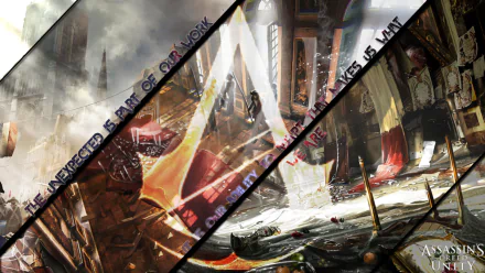 HD PC desktop wallpaper featuring a dynamic scene from Assassin's Creed: Unity, showcasing the game's signature assassin with dramatic lighting and intense action.