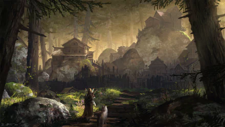 A fantasy warrior with a wolf companion stands in a dense forest overlooking a misty village and city, captured in a detailed HD PC desktop wallpaper.