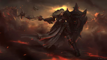 HD desktop wallpaper featuring a woman warrior Crusader from Diablo III: Reaper of Souls, clad in armor, wielding a large shield and flail against a fiery background.