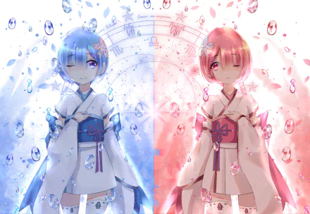HD wallpaper featuring Ram and Rem from Re:Zero - Starting Life in Another World. The twins are set against a contrasting blue and pink background, both winking and dressed in traditional attire.