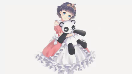 A charming HD desktop wallpaper featuring Himawari Uzumaki from Boruto, dressed in a whimsical gown, holding a panda plush toy, radiating joy and innocence.