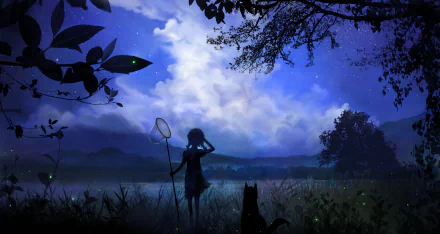 A serene anime scene featuring a silhouette of a girl with a net, accompanied by a dog, against a captivating night sky filled with clouds and stars, designed as a vibrant HD desktop wallpaper.
