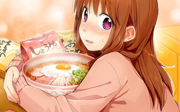 Anime HD PC desktop wallpaper — Gourmet Girl Graffiti: brown-haired girl clutching a steaming bowl of ramen with egg and scallions, flushed cheeks against a warm glowing background.