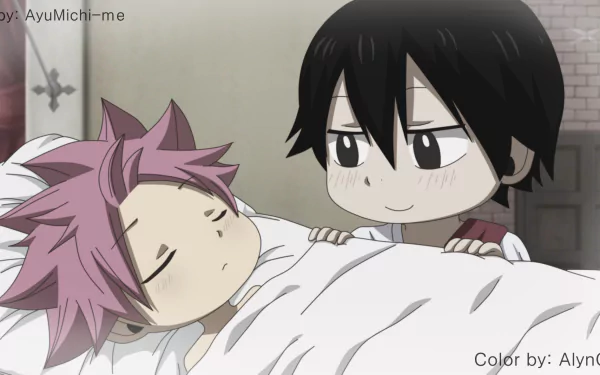 HD desktop wallpaper featuring chibi versions of Zeref Dragneel and Natsu Dragneel from the anime Fairy Tail. Zeref is looking fondly at a sleeping Natsu in a serene bedroom setting.