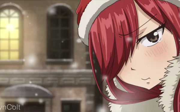 Erza Scarlet from the anime Fairy Tail, depicted in a vibrant HD wallpaper, showcases her iconic red hair and confident expression against a snowy backdrop.