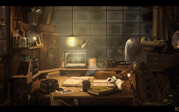 HD desktop wallpaper featuring an anime character with white hair in a cozy, warm-toned room filled with books, plants, and vintage decor, embodying a lofi aesthetic.