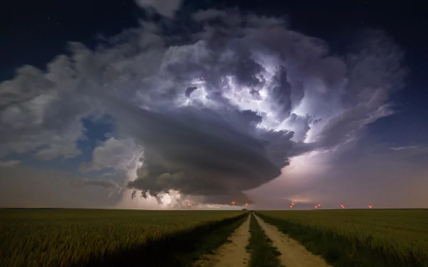 A dramatic night landscape featuring a vast field leading to a stormy horizon, with swirling clouds illuminated by flashes of lightning in the dark sky.