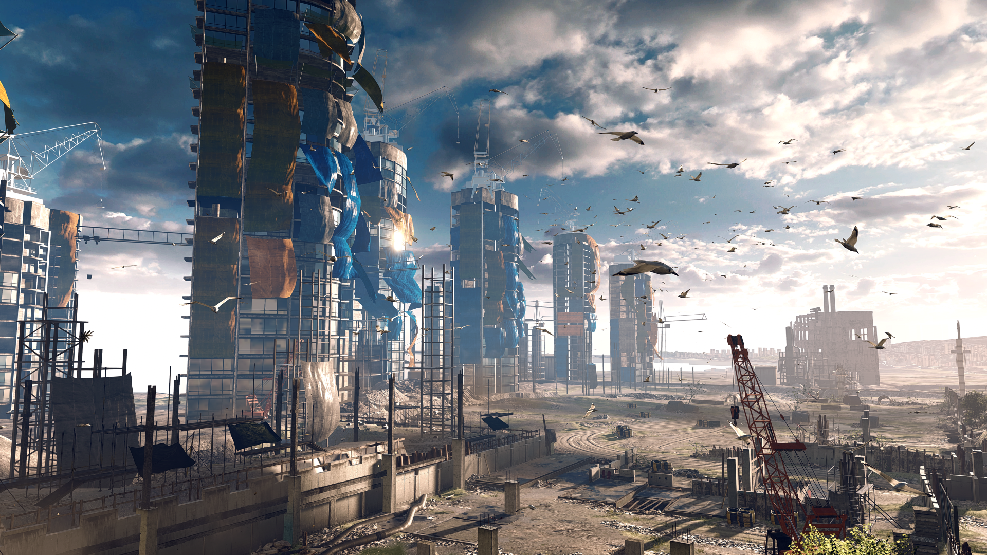 4K Ultra HD Battlefield 4 video game wallpaper showing a futuristic cityscape with tall, damaged buildings under a cloudy sky and birds flying overhead.