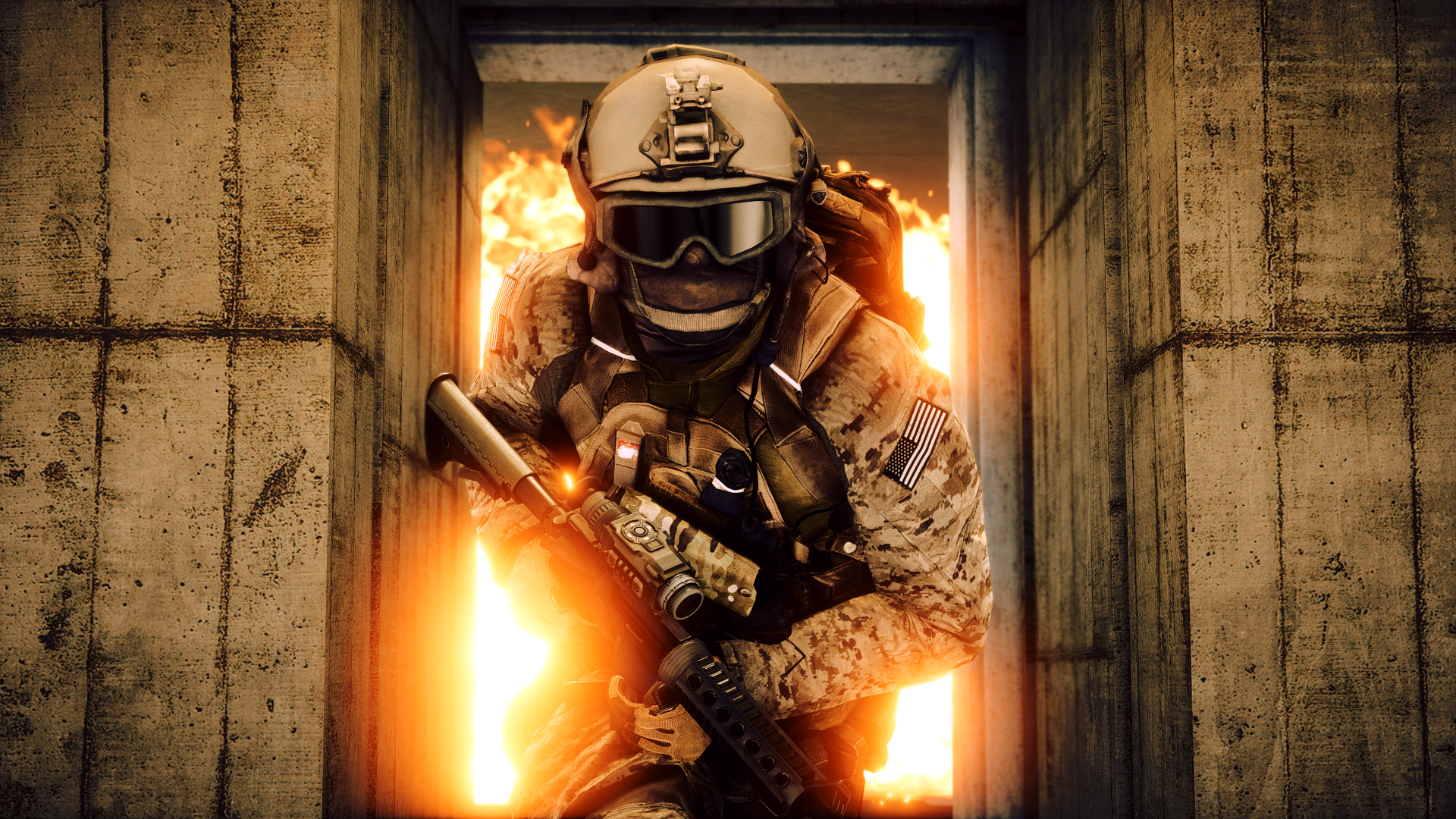 A soldier armed with a weapon emerges from a burning doorway in this striking 4K Ultra HD wallpaper from Battlefield 4, capturing intense action and drama.