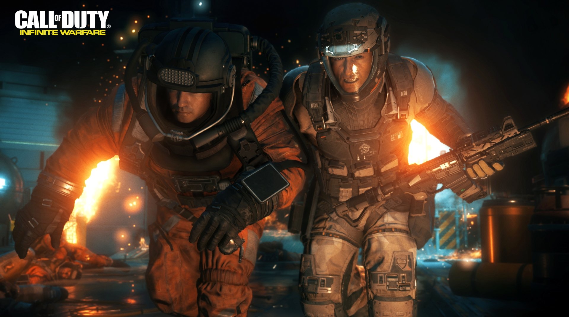 HD PC desktop wallpaper featuring intense combat scene from Call of Duty: Infinite Warfare, with two soldiers in tactical gear advancing amid flames and sparks.