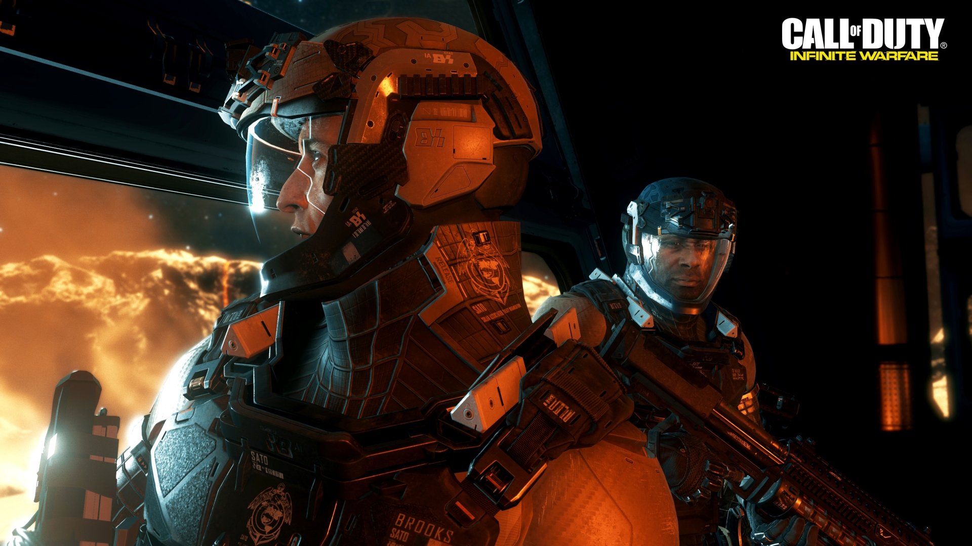 HD PC desktop wallpaper featuring characters from the video game Call of Duty: Infinite Warfare in futuristic combat gear inside a spacecraft.