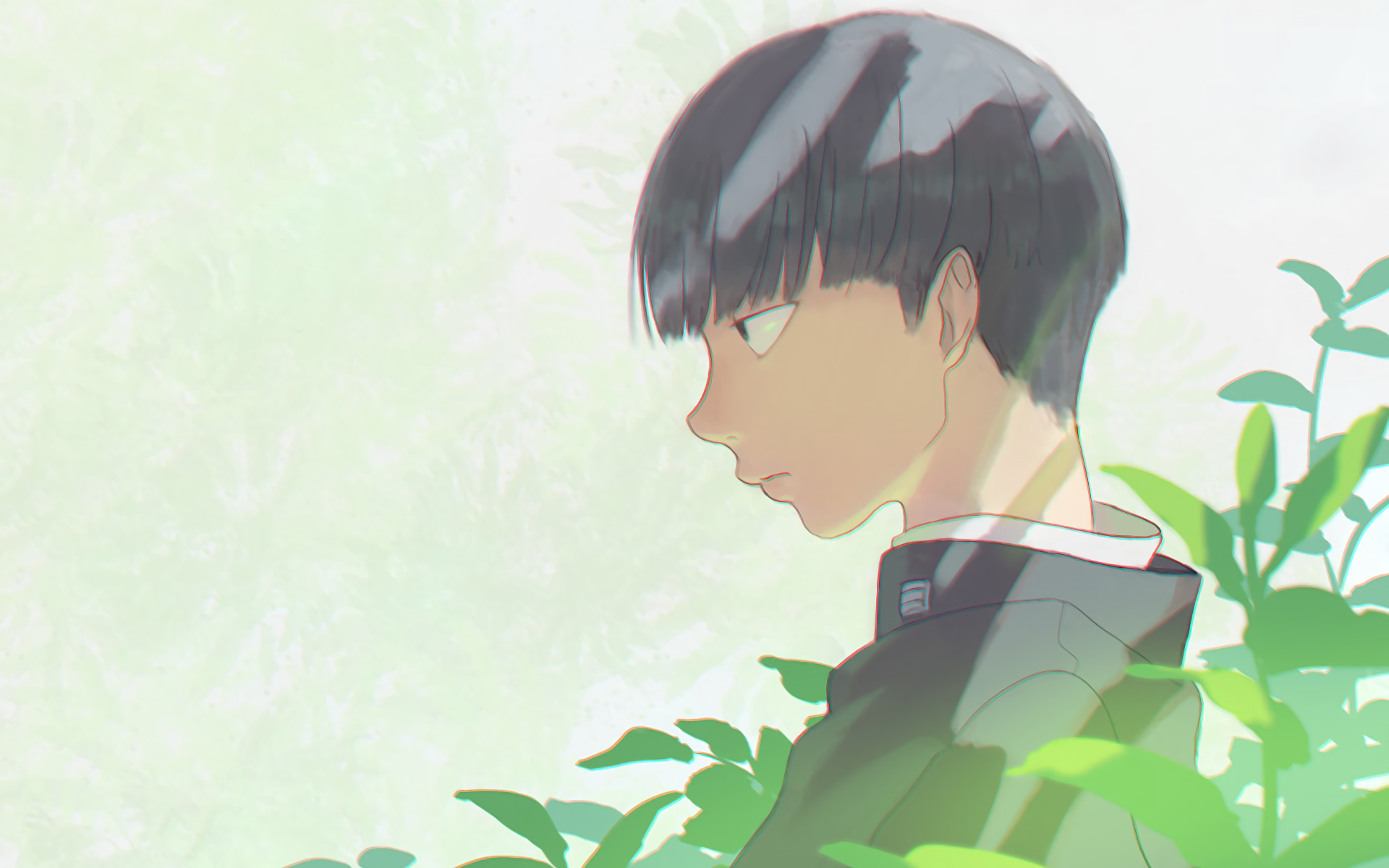 A serene HD wallpaper featuring Shigeo Kageyama from the anime Mob Psycho 100, framed by soft green foliage and a gentle light, capturing a moment of contemplation.