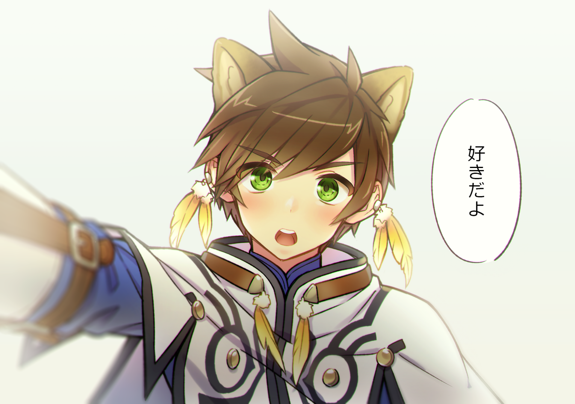 HD anime desktop wallpaper featuring Sorey from Tales of Zestiria the X, with green eyes and fox-like ears, expressing a heartfelt message in Japanese.