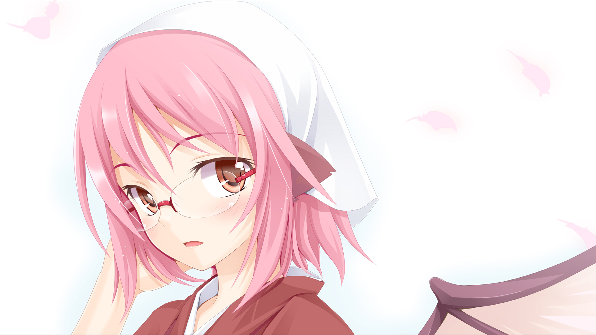 Anime-style HD PC desktop wallpaper featuring Mystia Lorelei from the Touhou series, showcasing her pink hair, glasses, and soft expression against a light background.