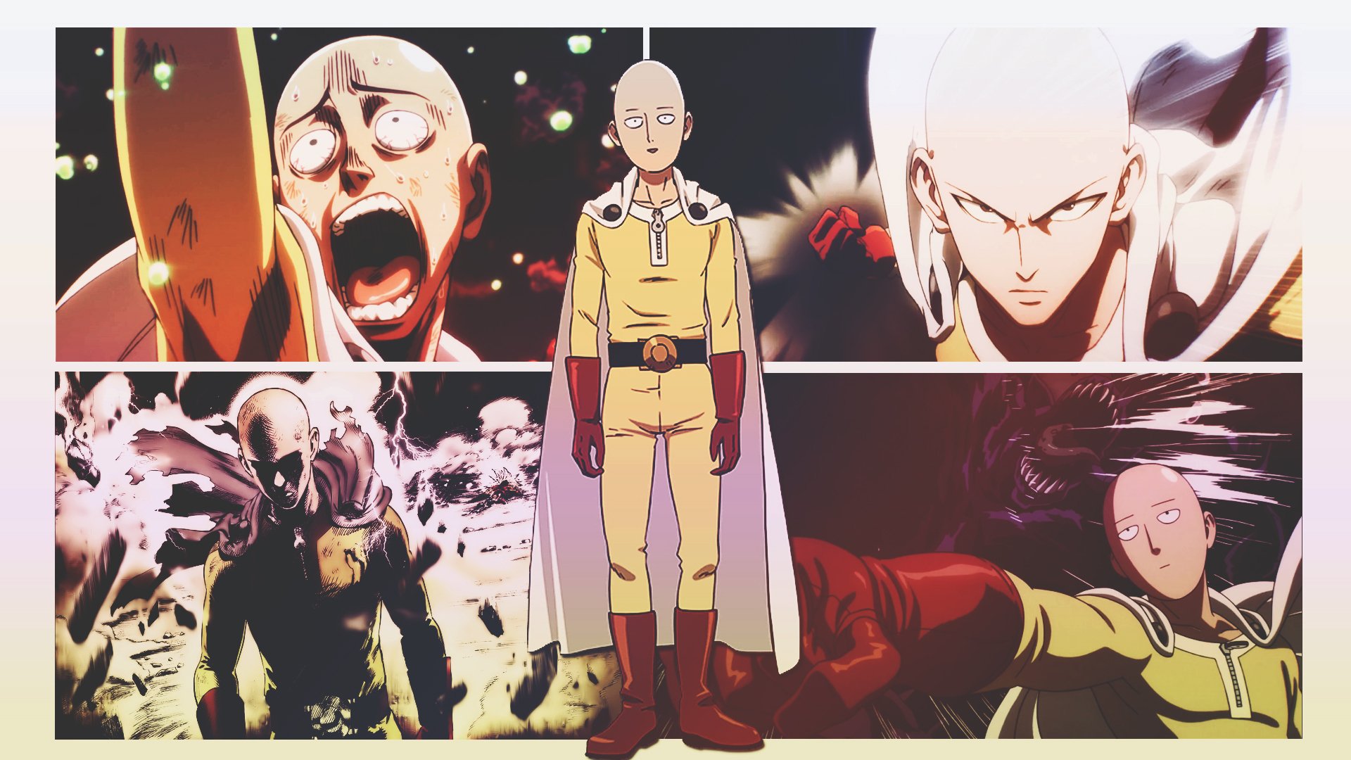 HD wallpaper featuring Saitama from One-Punch Man. The image showcases the character in various emotional expressions and dynamic action poses.
