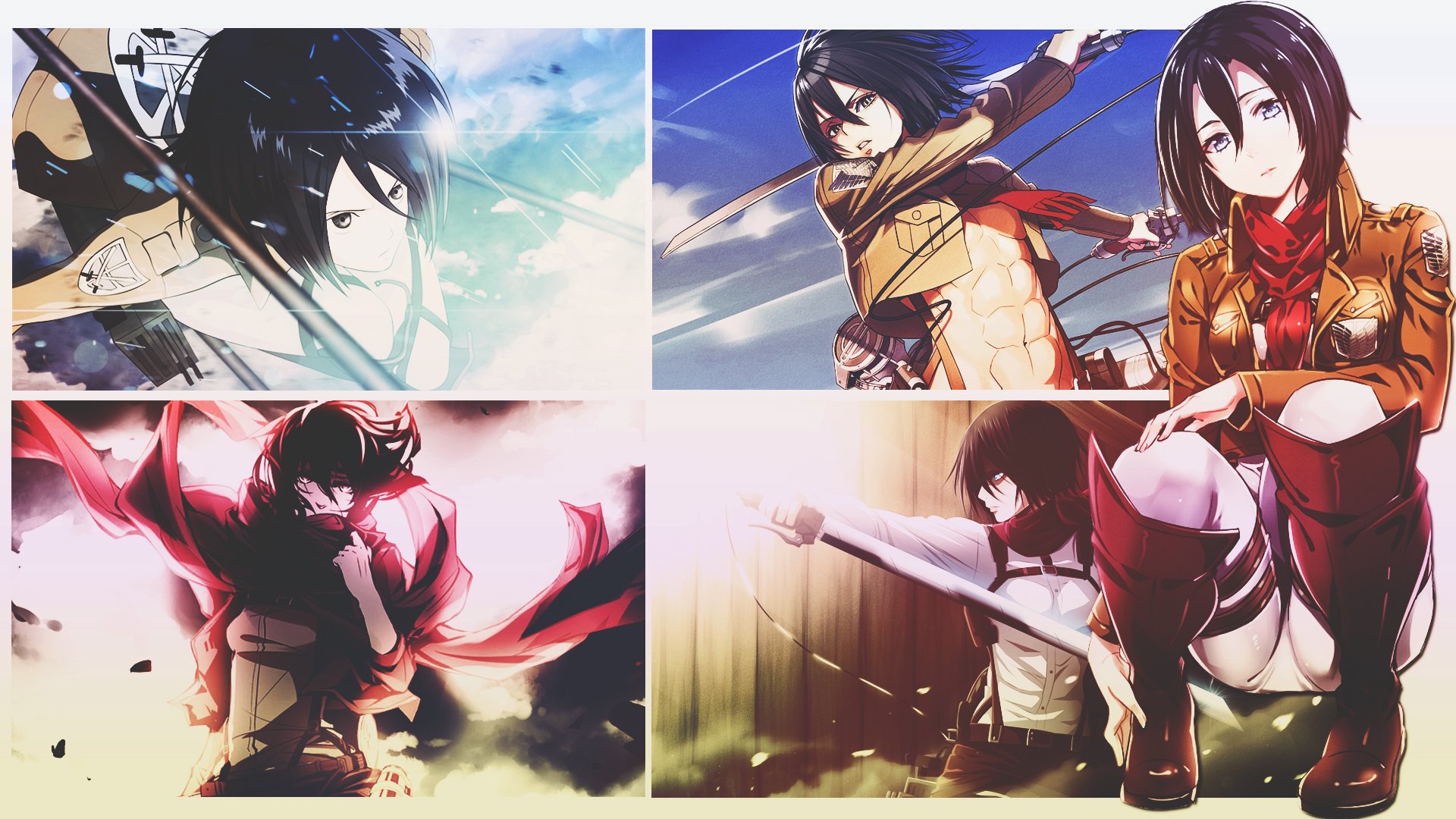 A vibrant HD wallpaper featuring Mikasa Ackerman from the anime Attack on Titan, showcasing dynamic action poses and captivating artwork.
