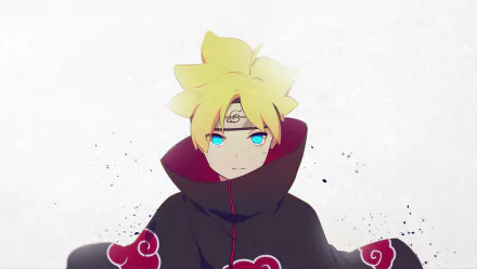 HD desktop wallpaper featuring Boruto Uzumaki from the anime Boruto, showcasing his blonde hair, blue eyes, and wearing an Akatsuki cloak.