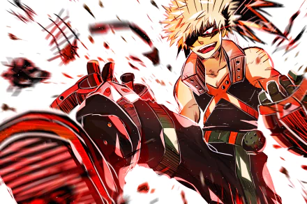 Vibrant HD wallpaper featuring Katsuki Bakugou from My Hero Academia, showcasing his explosive personality and dynamic pose against an action-packed background.