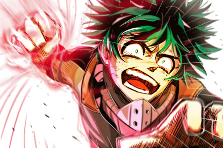 Dynamic HD wallpaper featuring Izuku Midoriya from My Hero Academia, showcasing his intense expression and signature green hair as he unleashes his powers.