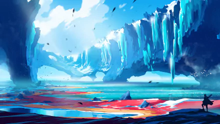Duelyst video game HD PC desktop wallpaper and background: vibrant frozen coastal landscape with towering ice cliffs, turquoise sea, red rocky shoreline, tiny silhouetted figures.